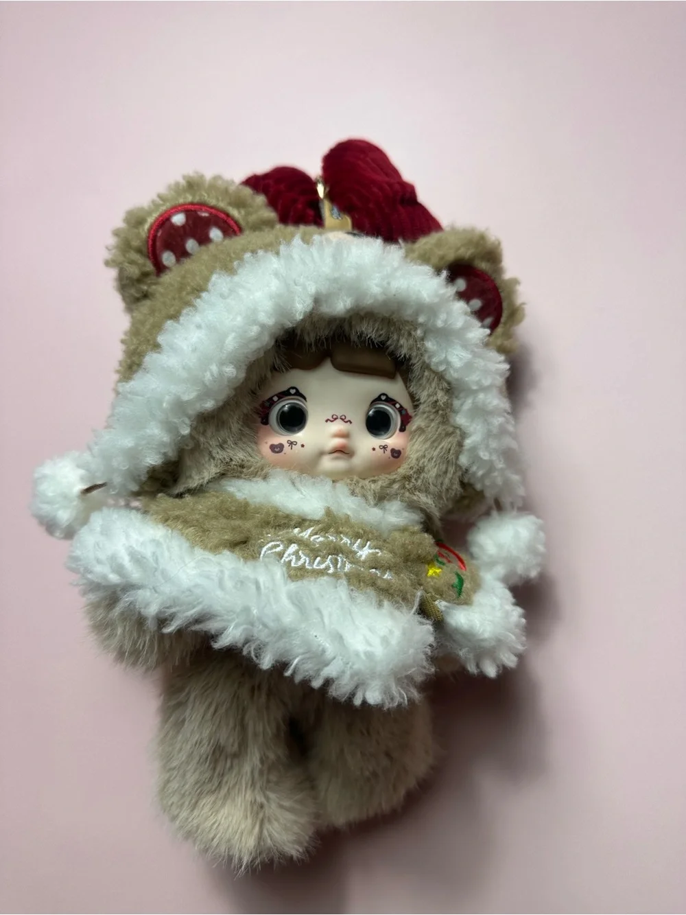 Snowball Cub Hooded Doll Keychain in Beige with White Trim